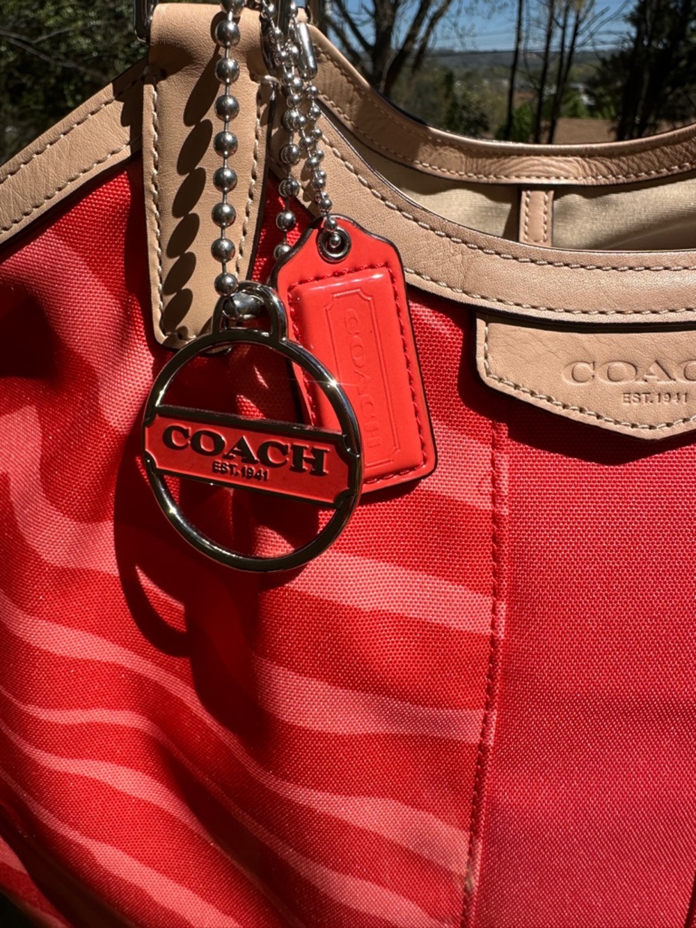Coach Devin Red Coral Zebra Print Shoulder Bag Canvas Leather Trim F24022 2014 - Picture 6 of 11
